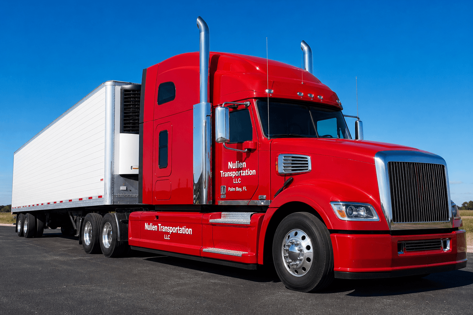 Nulien Transportation semi-truck with white refrigerated trailer